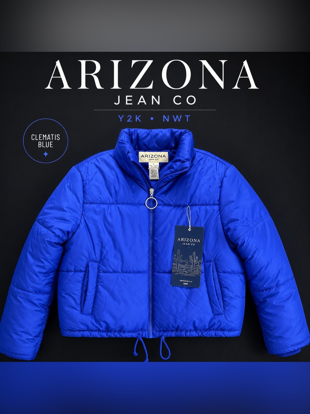 Retro  Arizona Jean Co Clematis Blue Cropped Puffer Jacket NWT Ski Bunny